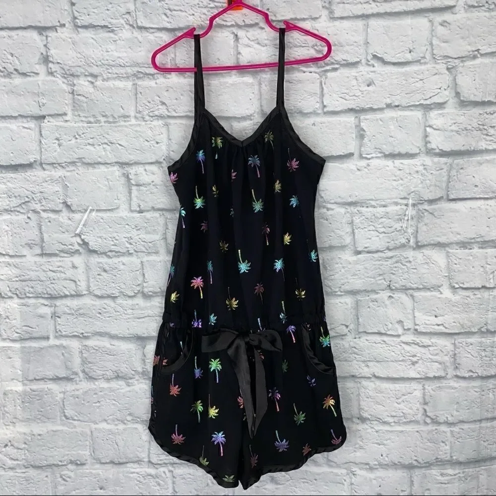 Justice tank top multicolored palm tree shorts romper w/satin bow sz 8 girls